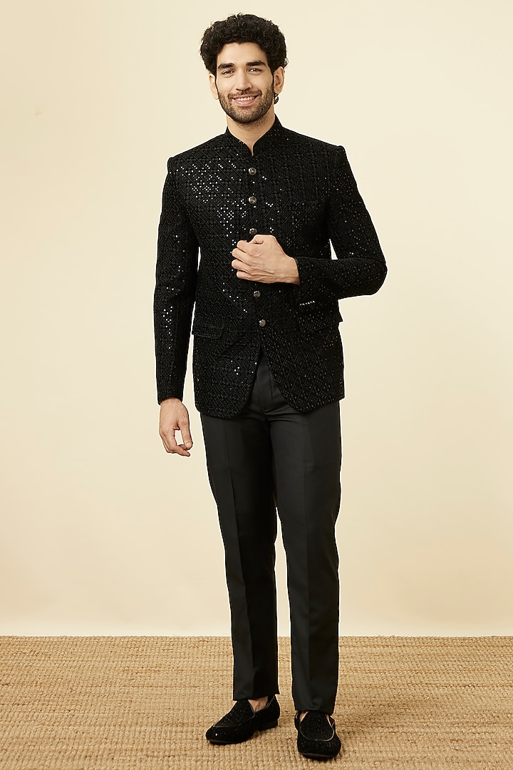 Black Velvet Sequins Textured Jodhpuri Set by Manyavar