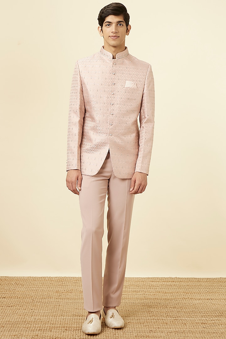 Light Pink Brocade Stone Embellished Jodhpuri Set by Manyavar