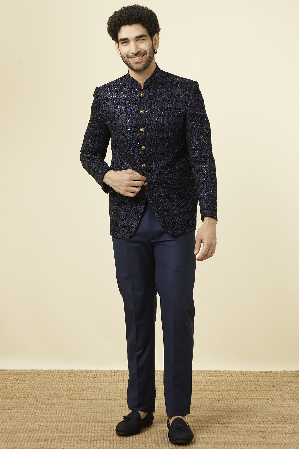 Blue Velvet Sequins Pattern Jodhpuri Set by Manyavar at Pernia's Pop Up Shop