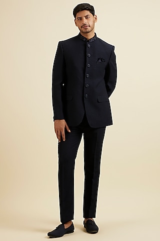Blue Blended Rayon Embroidered Jodhpuri Set by Manyavar