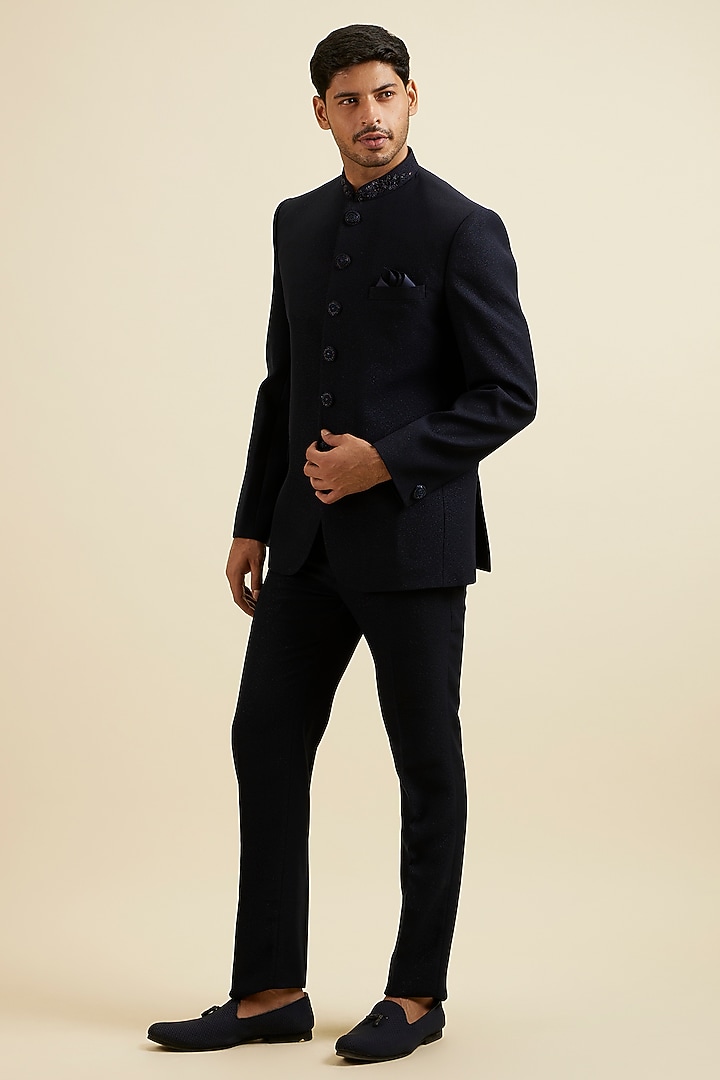 Blue Blended Rayon Embroidered Jodhpuri Set by Manyavar at Pernia's Pop Up Shop