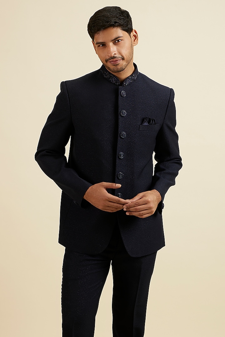 Blue Blended Rayon Embroidered Jodhpuri Set by Manyavar at Pernia's Pop Up Shop