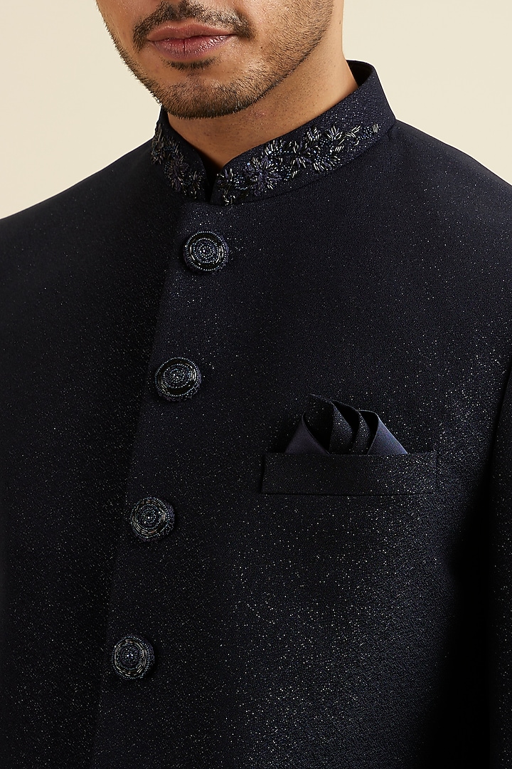 Blue Blended Rayon Embroidered Jodhpuri Set by Manyavar at Pernia's Pop Up Shop