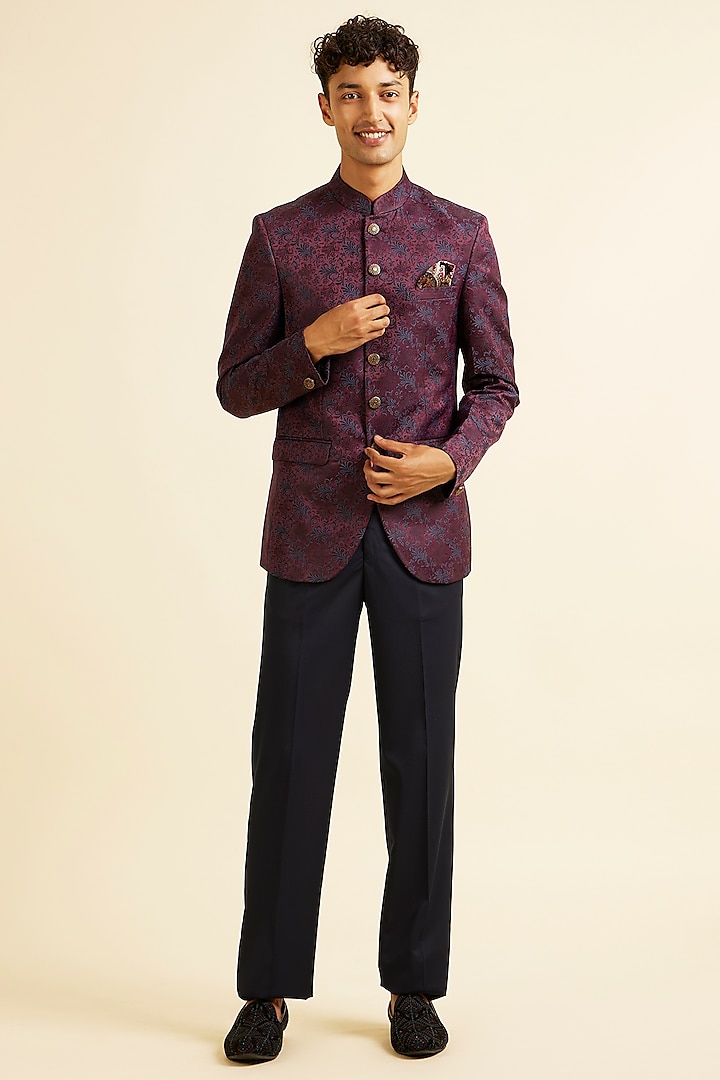 Wine Brocade Self-Design Jodhpuri Set by Manyavar