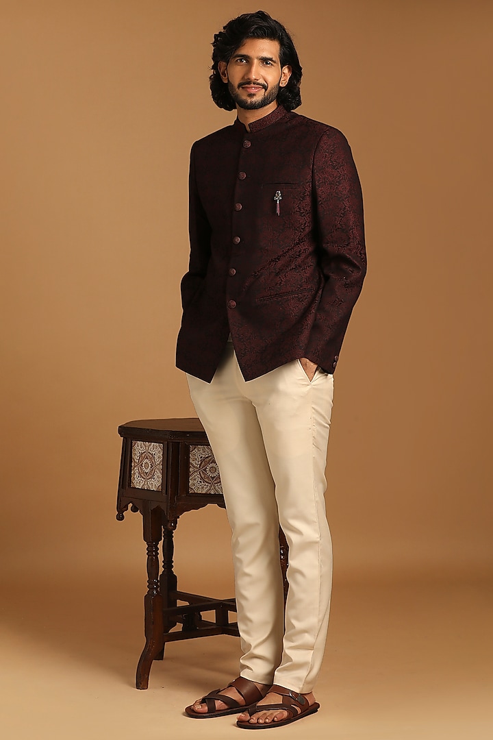 Maroon Blended Rayon Jodhpuri Set by Manyavar