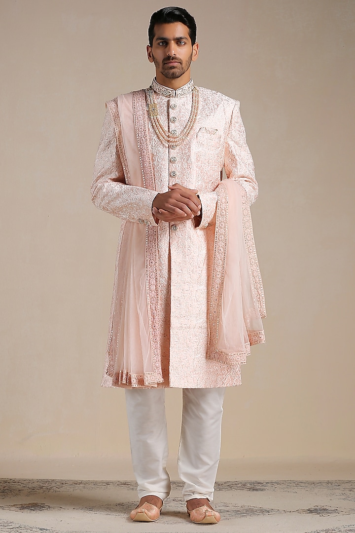 Peach Art Silk Sequins Work & Hand Embroidered Sherwani Set by Manyavar