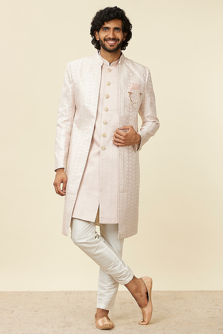 Dusty Pink Art Silk Stone Work & Embroidered Sherwani Set by Manyavar