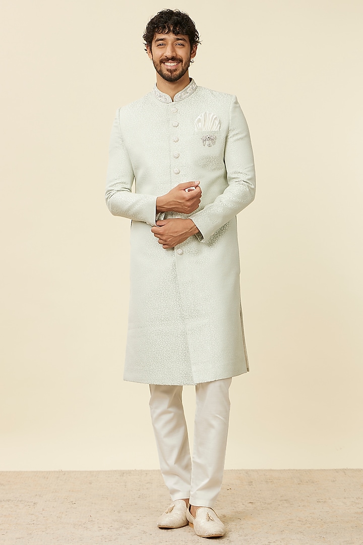 Mid-Green Blended Rayon Stone Work & Embroidered Sherwani Set by Manyavar