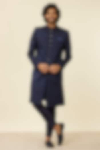 Dark Blue Brocade Stone Work & Embroidered Sherwani Set by Manyavar