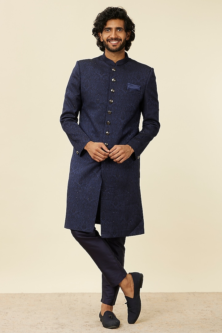 Dark Blue Brocade Stone Work & Embroidered Sherwani Set by Manyavar at Pernia's Pop Up Shop