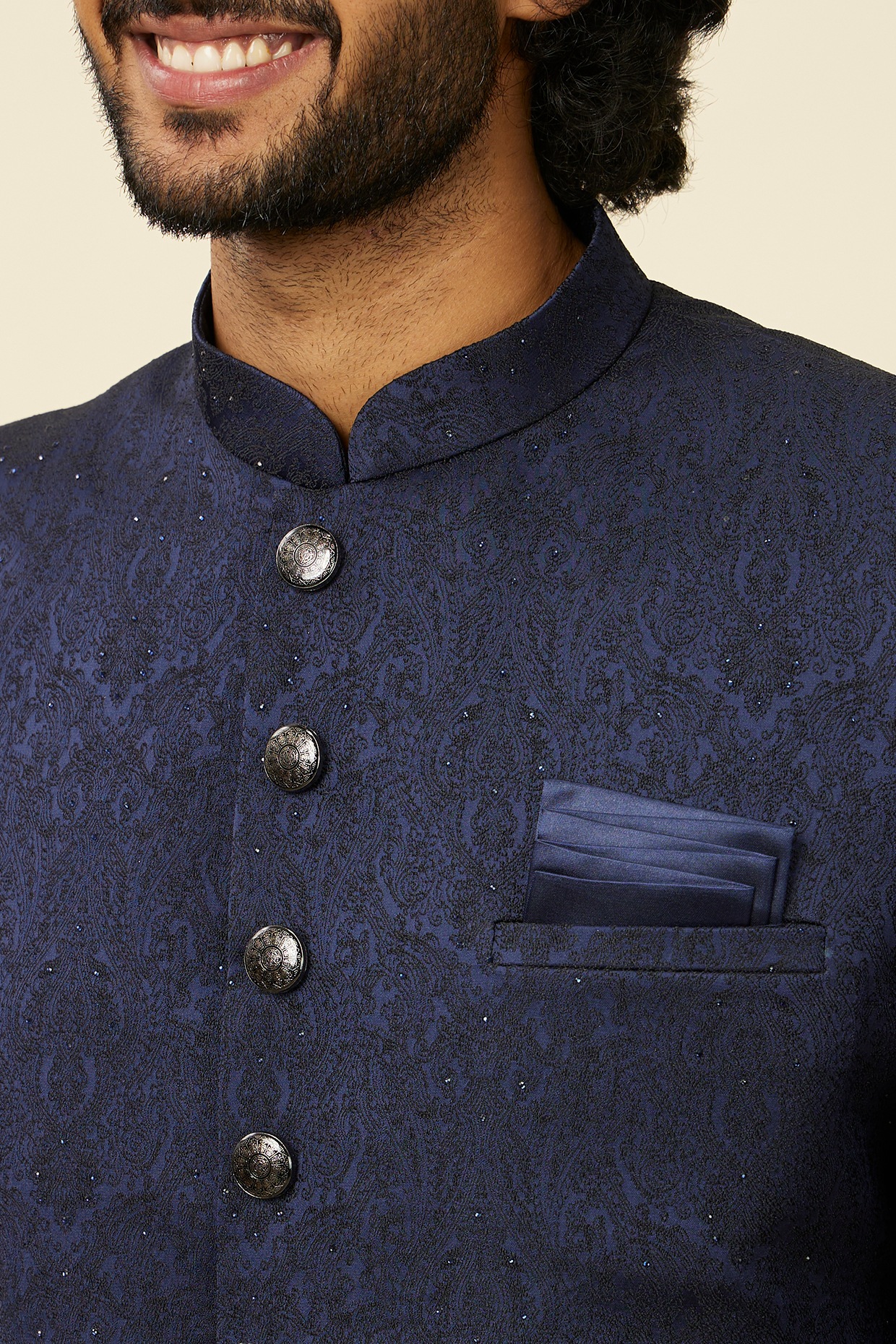 Dark Blue Brocade Stone Work Embroidered Sherwani Set by Manyavar at Pernia s Pop Up Shop 2024