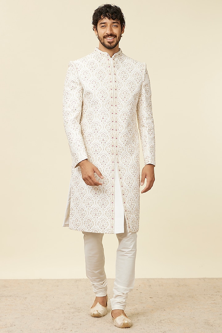 Warm White Art Silk Stone Work & Embroidered Sherwani Set by Manyavar