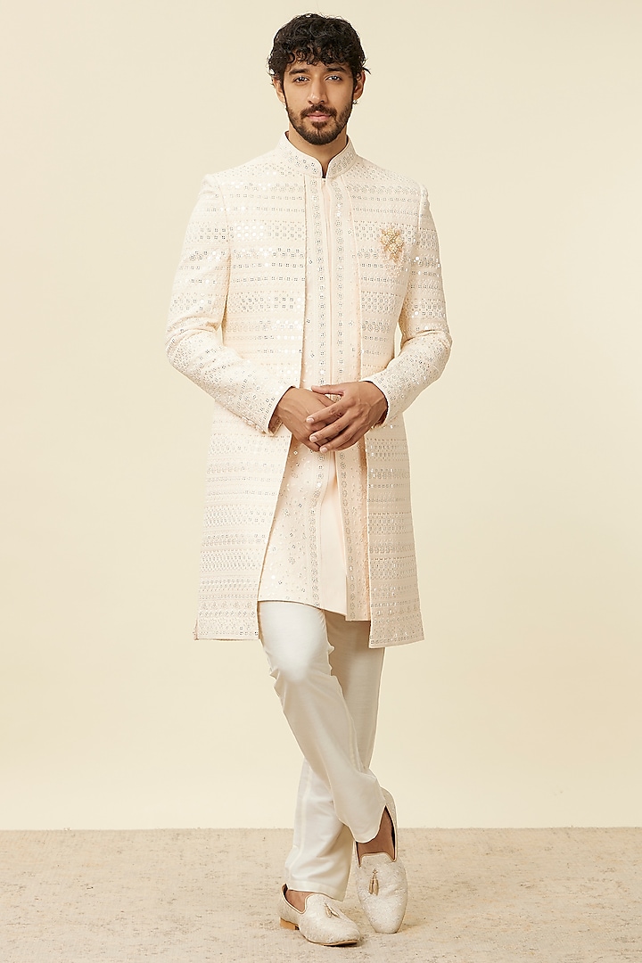 Peach Georgette Stone Work & Embroidered Indowestern Set by Manyavar