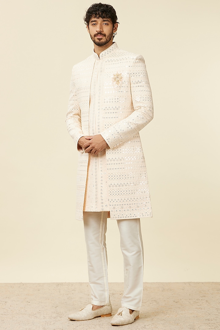 Peach Georgette Stone Work & Embroidered Wedding Indowestern Set by Manyavar at Pernia's Pop Up Shop