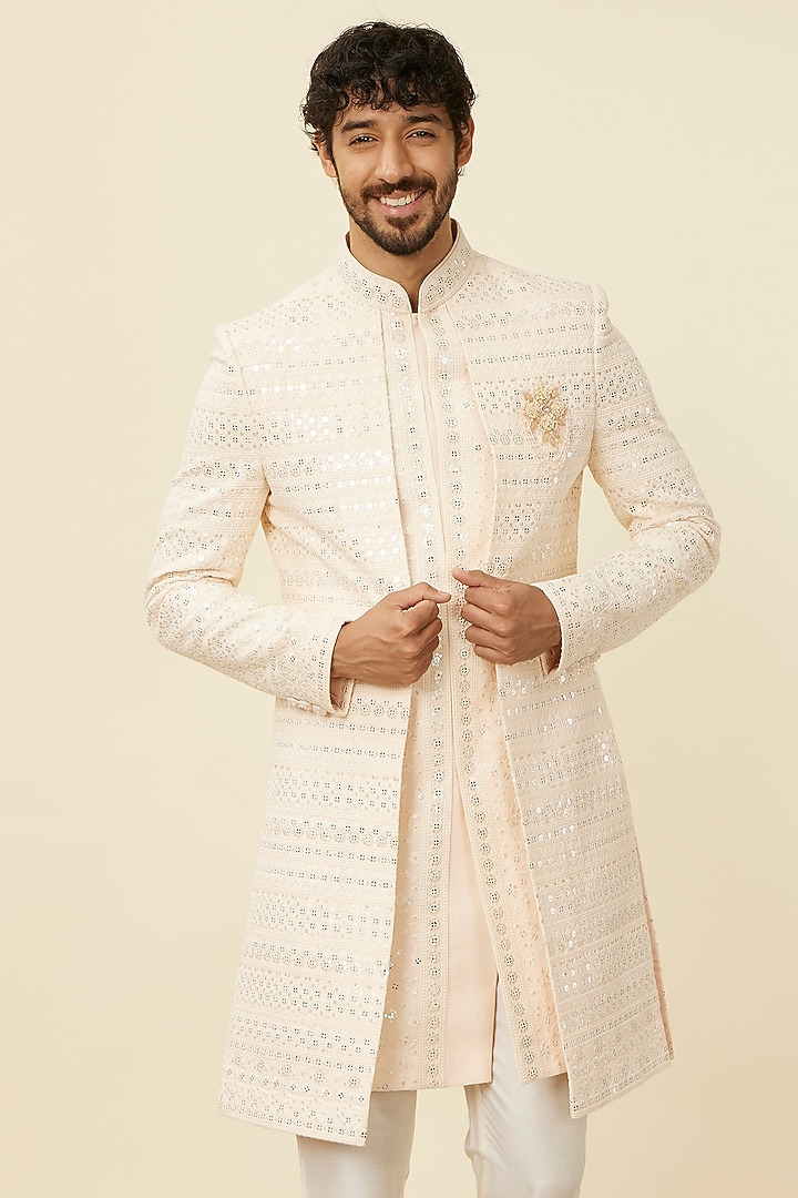 Peach Georgette Stone Work & Embroidered Wedding Indowestern Set by Manyavar at Pernia's Pop Up Shop