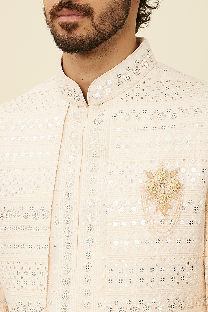Peach Georgette Stone Work & Embroidered Wedding Indowestern Set by Manyavar at Pernia's Pop Up Shop