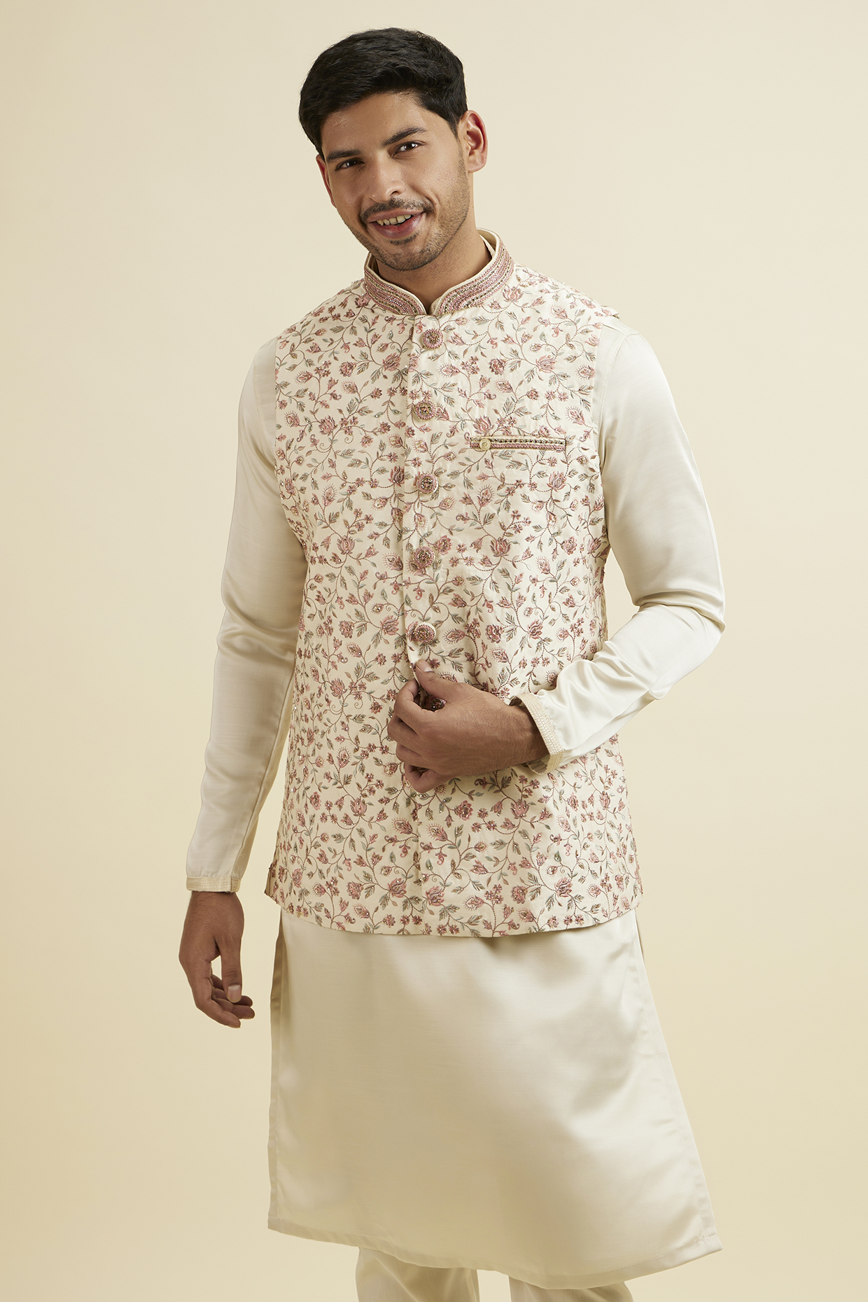 Cream Blended Viscose Printed Bundi Jacket by Manyavar at Pernia's Pop Up Shop