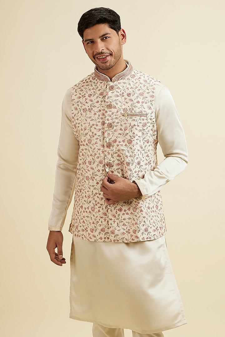 Cream Blended Viscose Printed Bundi Jacket by Manyavar at Pernia's Pop Up Shop
