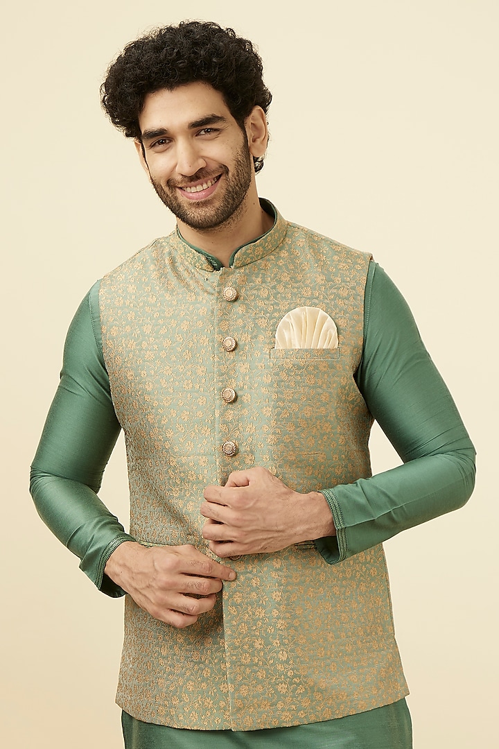 Sage Green Green Brocade Bundi Jacket by Manyavar