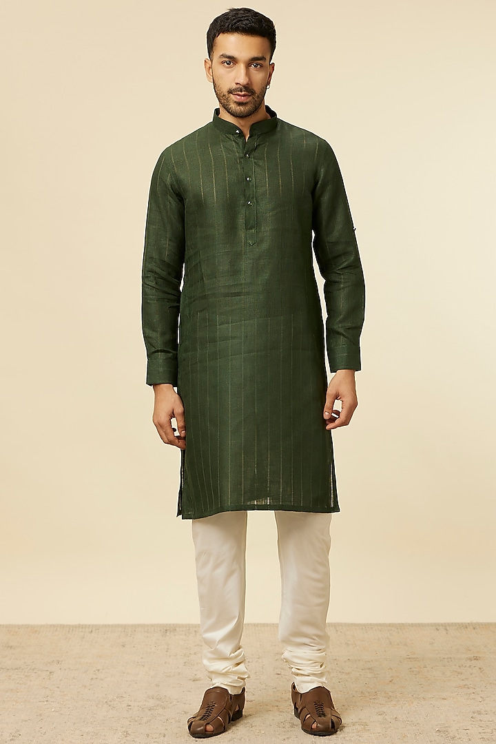 Green Linen Kurta by Manyavar at Pernia's Pop Up Shop