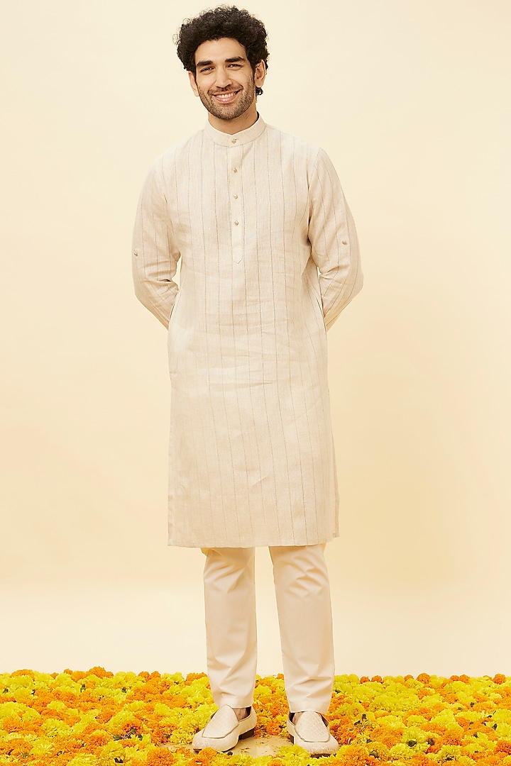 Natural Linen Self-Design Kurta by Manyavar