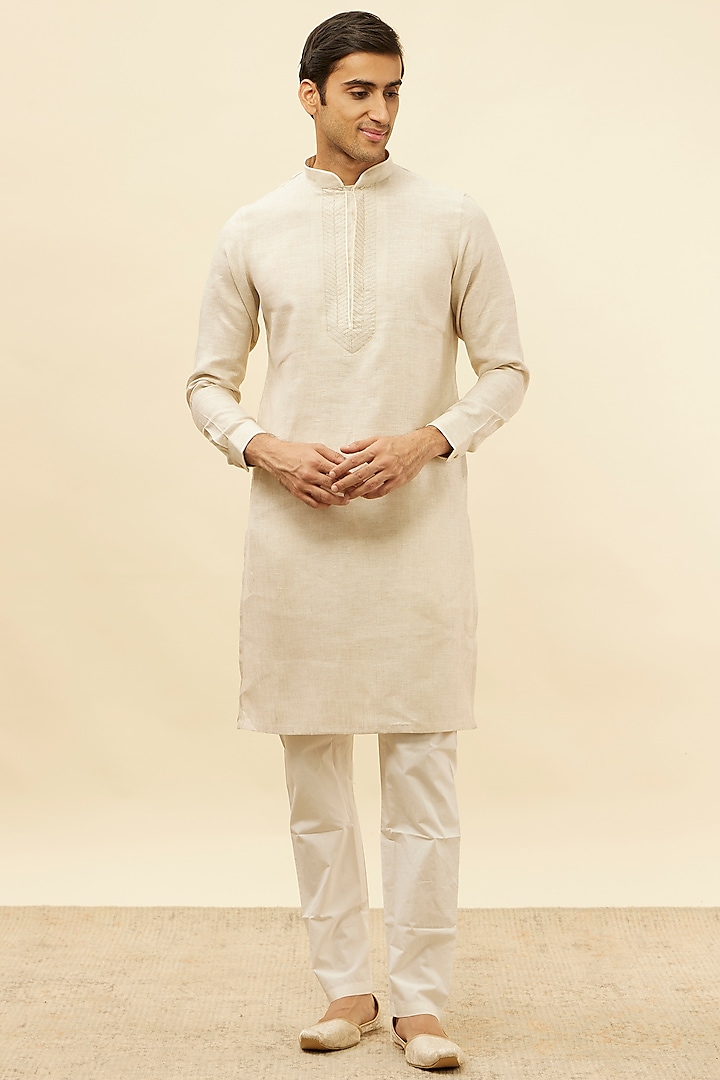 Natural Linen Embroidered Kurta by Manyavar