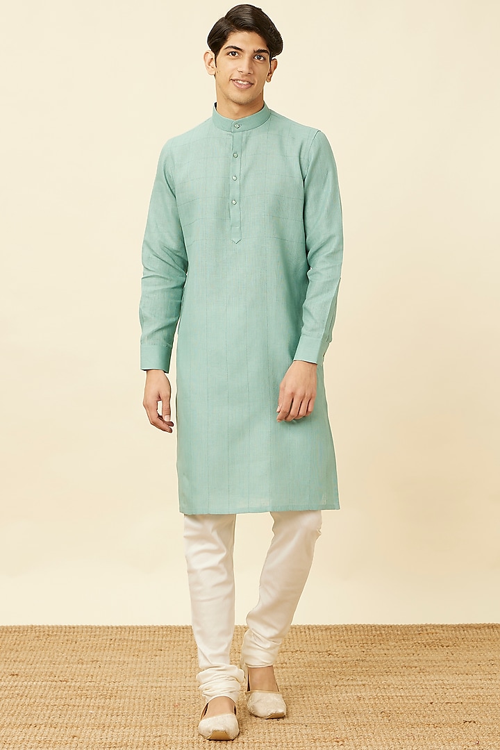 Tropical Blue Linen Checkered Printed Kurta by Manyavar