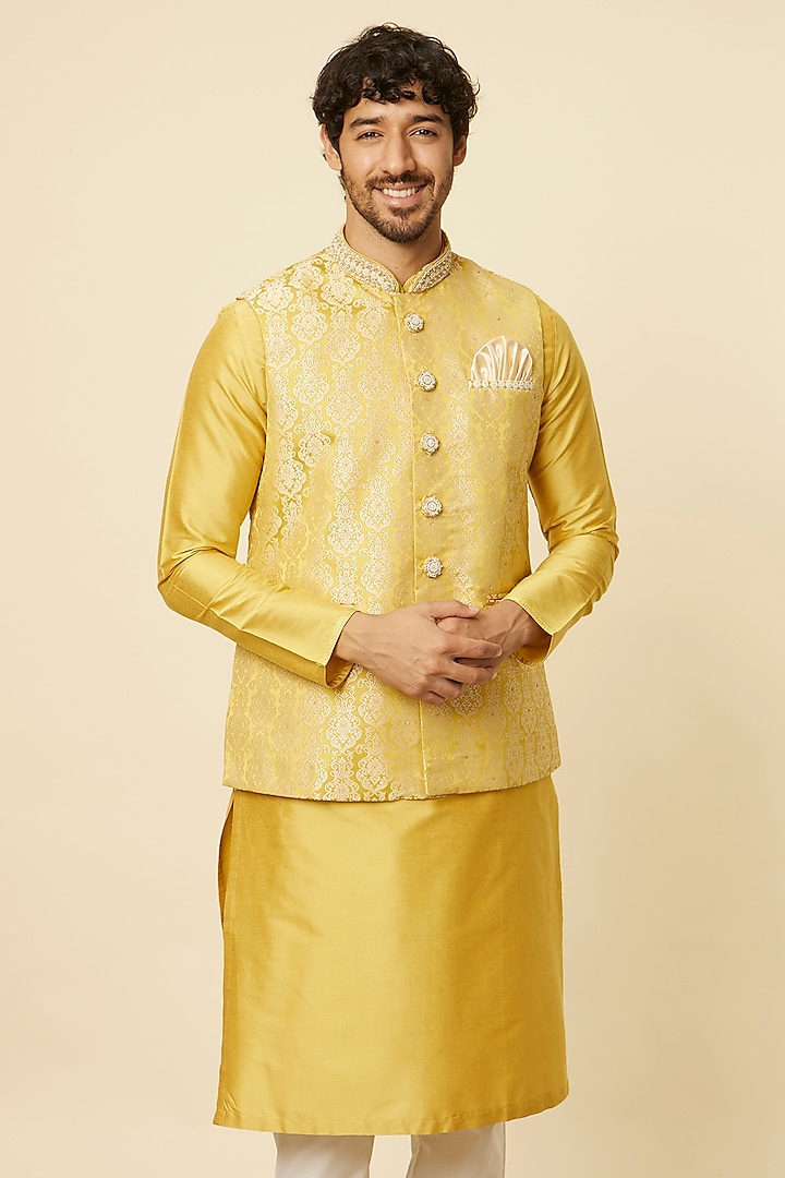 Yellow Brocade Bundi Jacket by Manyavar