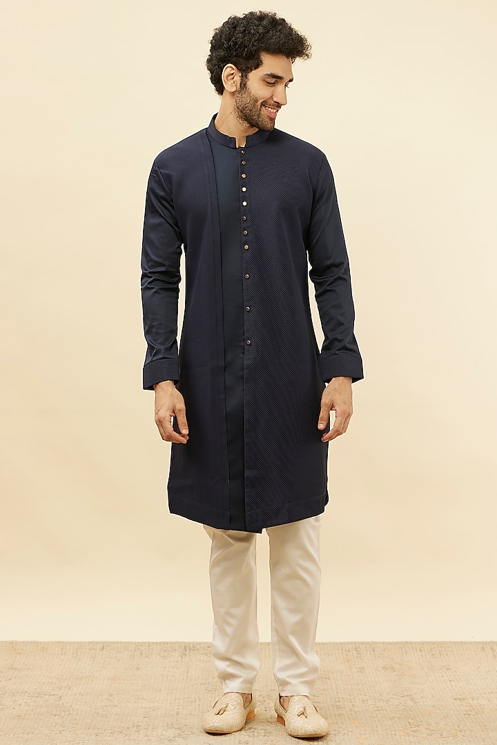 Navy Blue Spandex Self-Design Textured Kurta by Manyavar