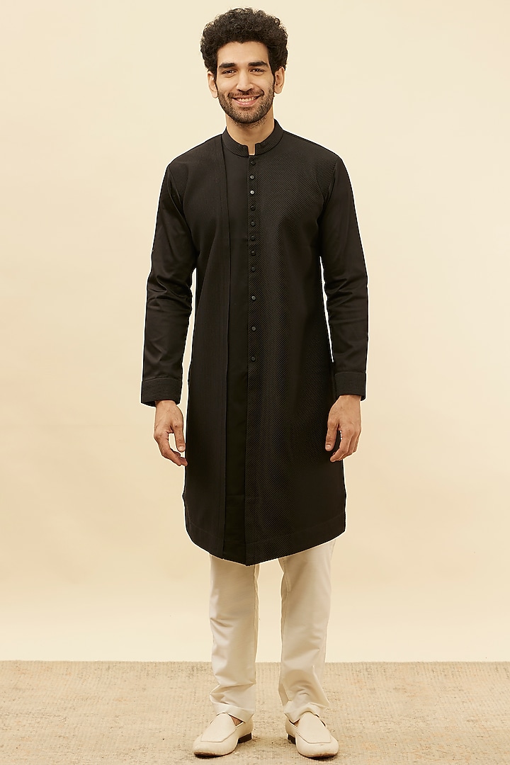 Black Spandex Self-Design Textured Kurta by Manyavar