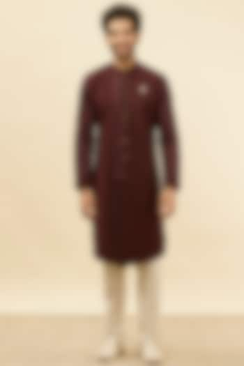 Wine Spandex Self-Design Textured Kurta by Manyavar