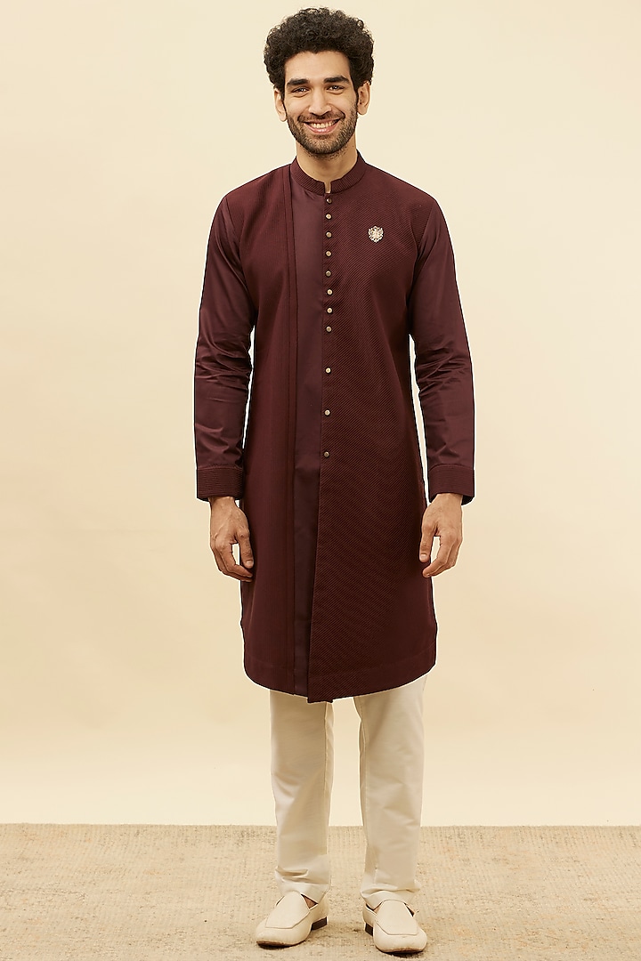 Wine Spandex Self-Design Textured Kurta by Manyavar