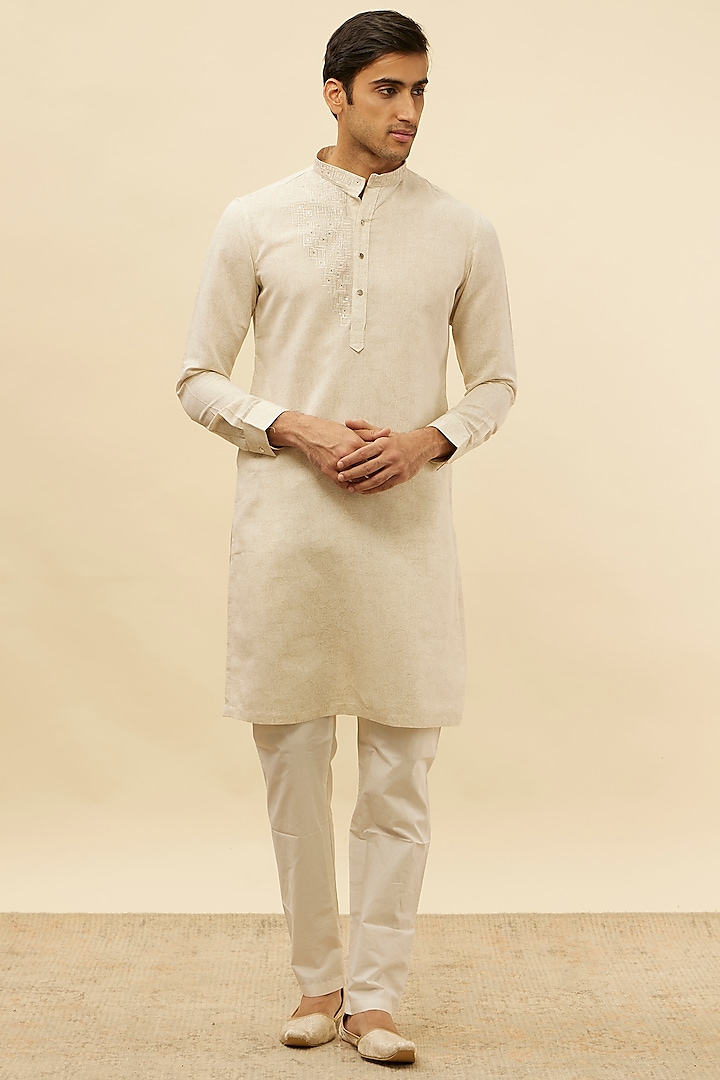 Natural Beige Blended Linen Printed Kurta by Manyavar