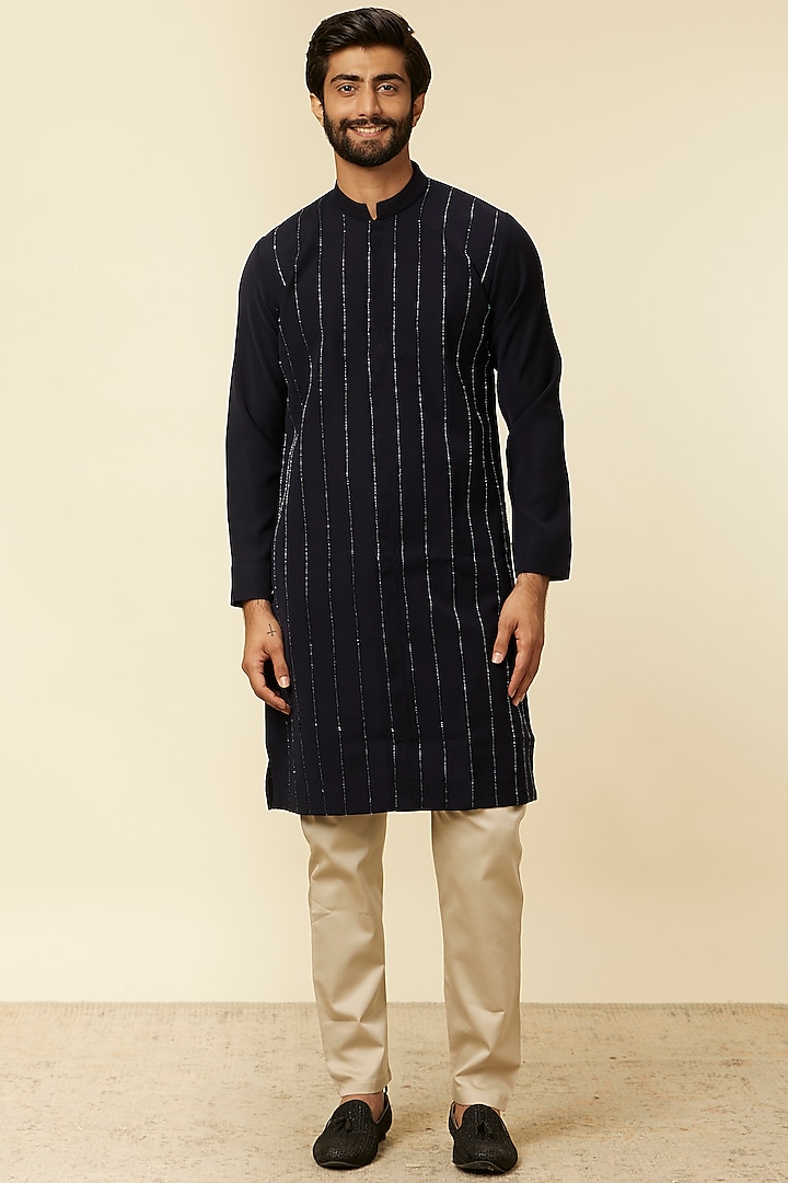 Blue Blended Rayon Hand Embroidered Kurta by Manyavar