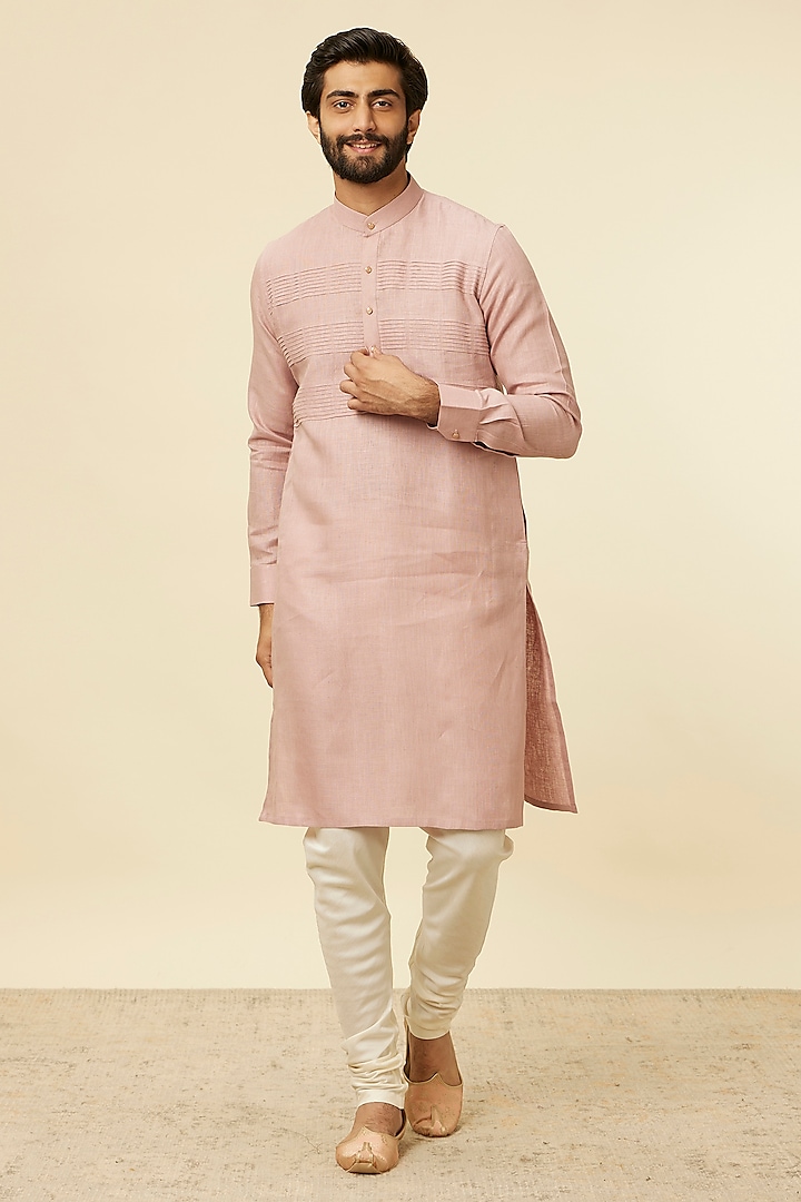 Pink Linen Embroidered Kurta by Manyavar