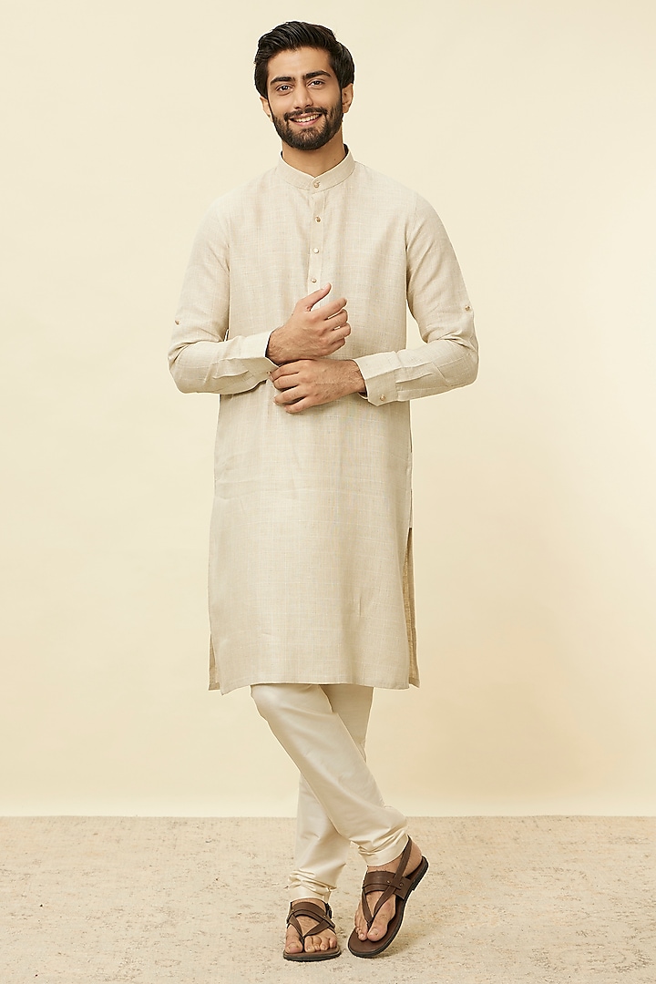 Beige Linen Self-Design Kurta by Manyavar