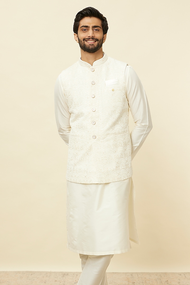 Cream Velvet Bundi Jacket by Manyavar