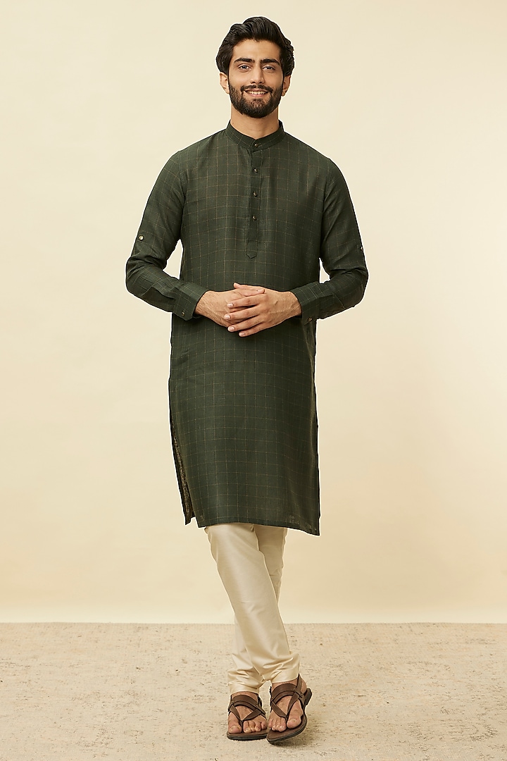 Green Linen Self-Design Kurta by Manyavar at Pernia's Pop Up Shop