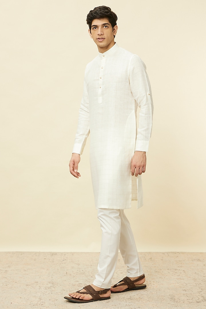 Warm White Linen Self-Design Kurta by Manyavar