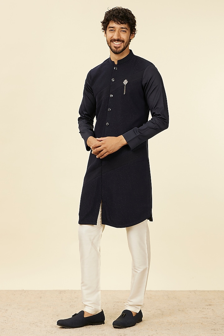 Dark Blue Blended Rayon Embroidered Kurta by Manyavar