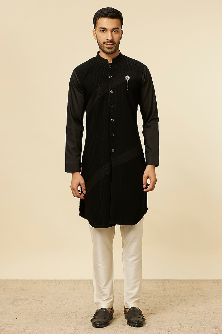 Black Blended Rayon Embroidered Kurta by Manyavar