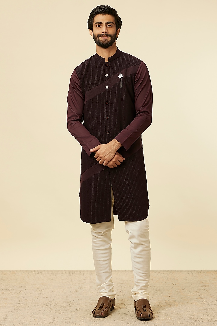 Wine Blended Rayon Embroidered Kurta by Manyavar