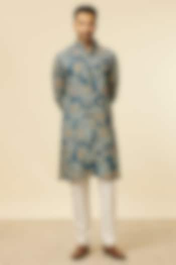 Blue Linen Digital Printed Kurta by Manyavar