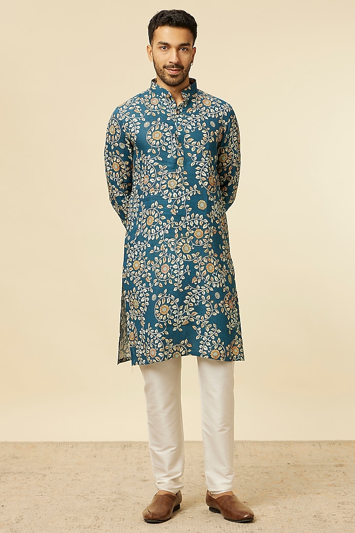 Blue Linen Digital Printed Kurta by Manyavar