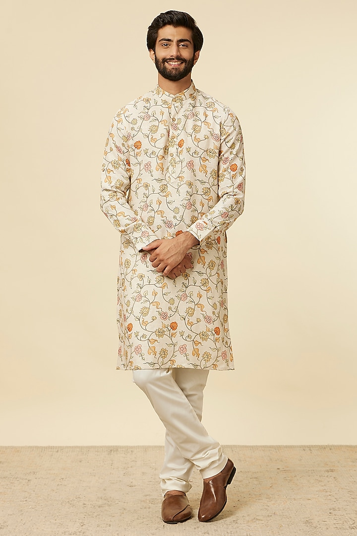 Beige Linen Digital Printed Kurta by Manyavar