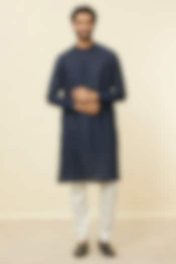 Blue Linen Self-Design Kurta by Manyavar at Pernia's Pop Up Shop