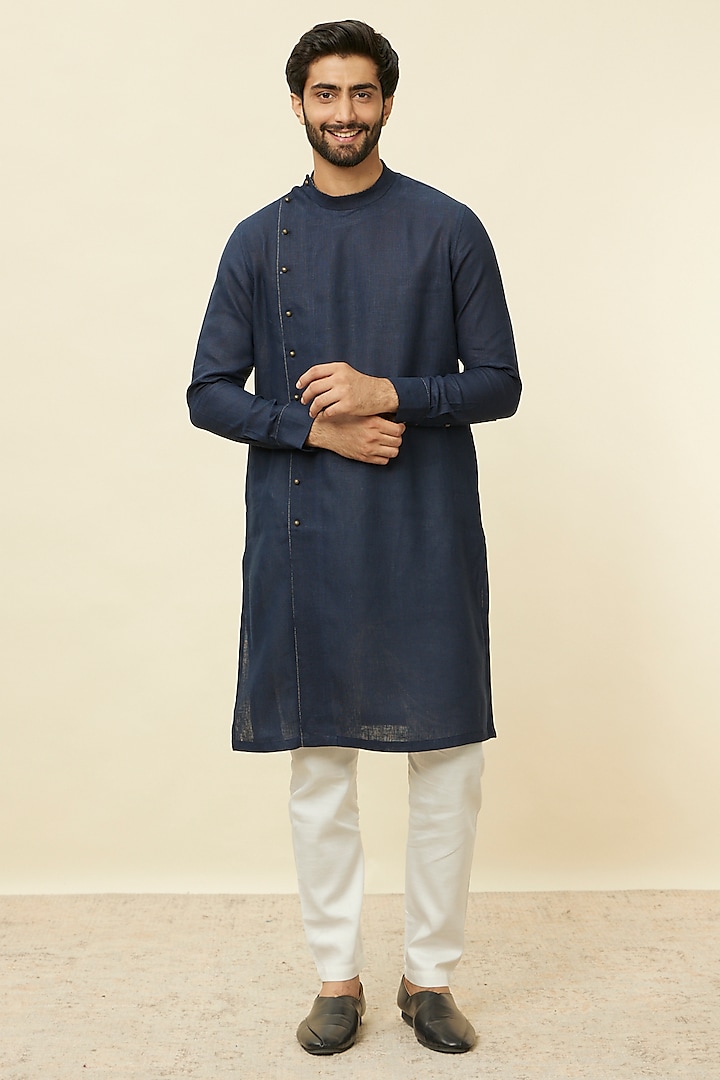 Blue Linen Self-Design Kurta by Manyavar at Pernia's Pop Up Shop