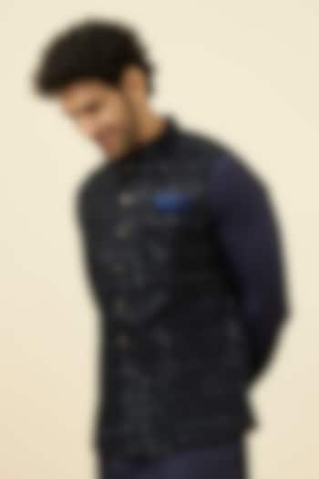 Dark Blue Velvet Bundi Jacket by Manyavar