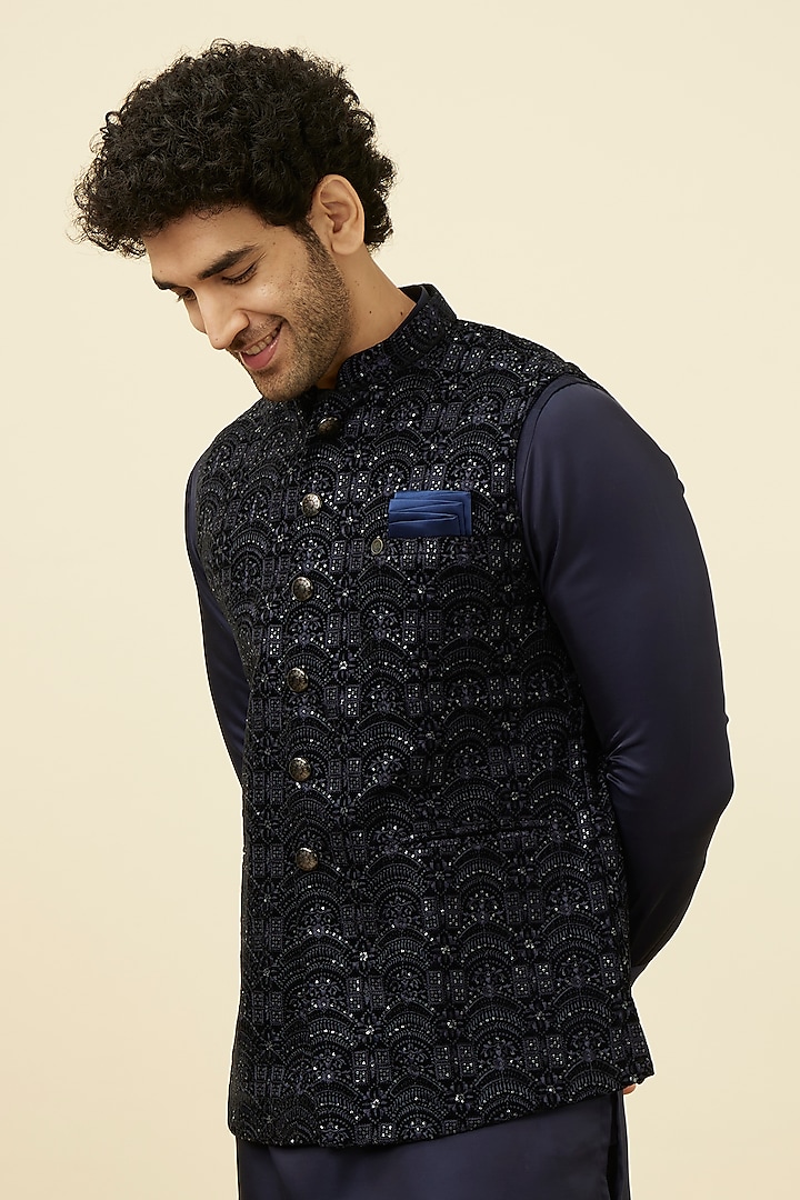 Dark Blue Velvet Bundi Jacket by Manyavar