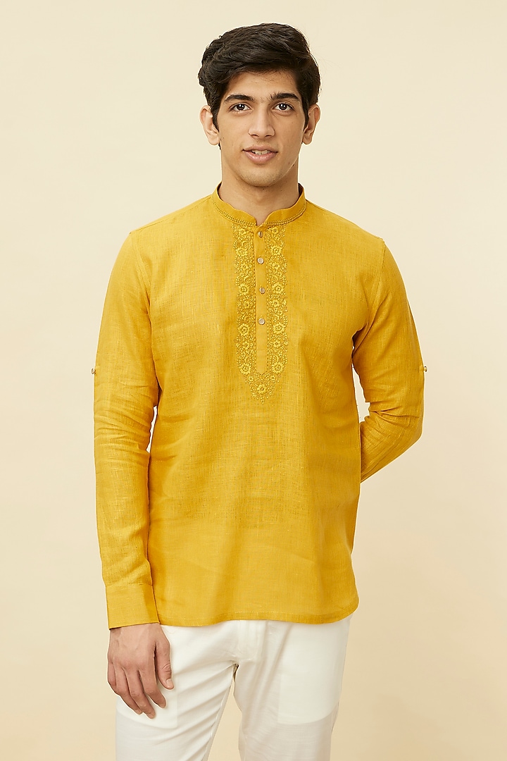 Mustard Linen Short Kurta by Manyavar at Pernia's Pop Up Shop